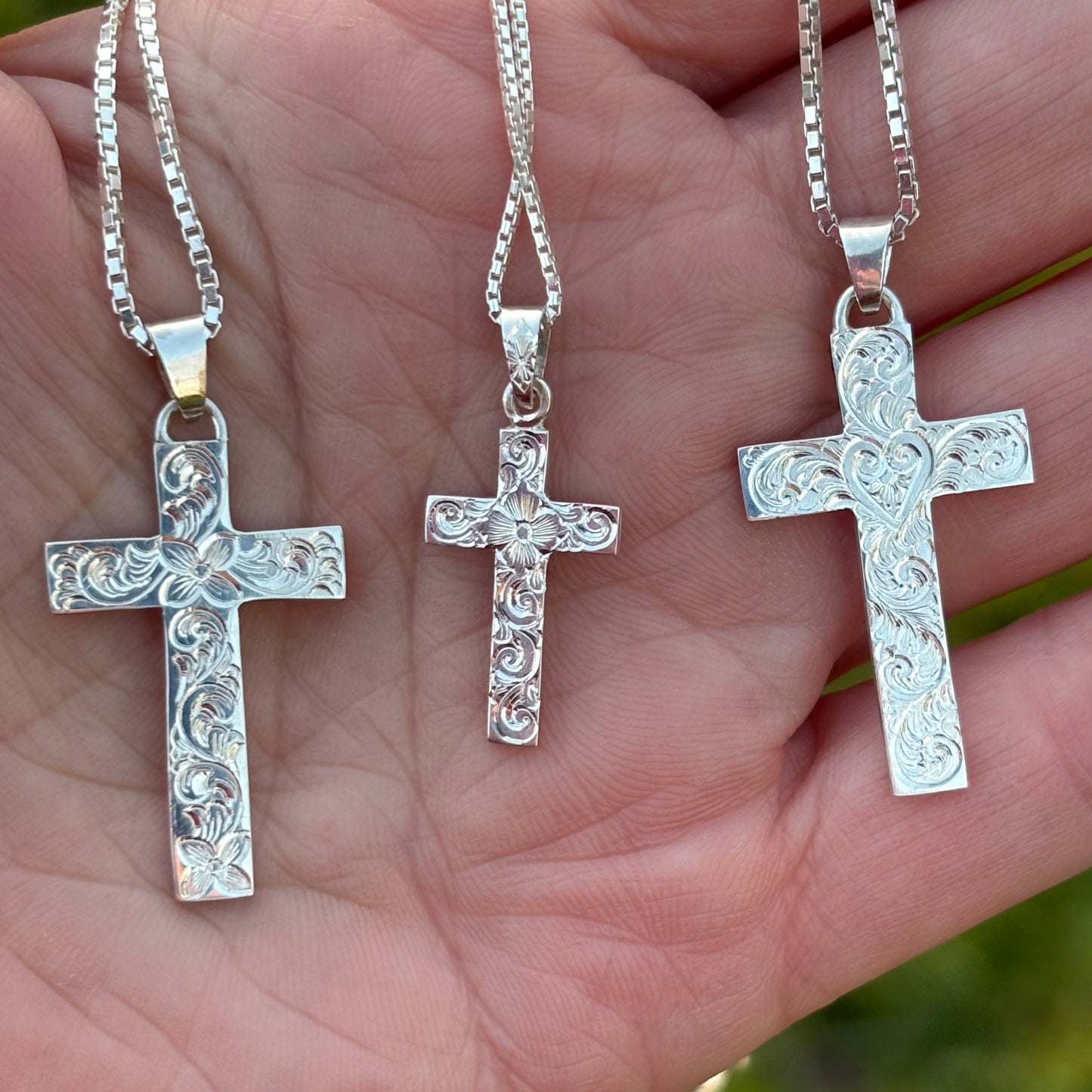 Silver cross pendant with hand engraving