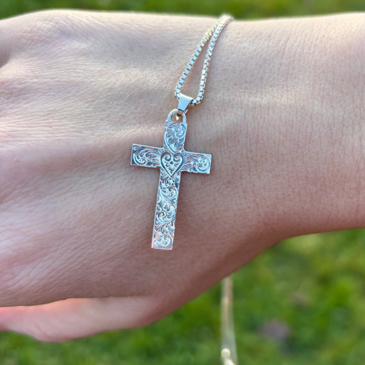 Silver cross pendant with hand engraving