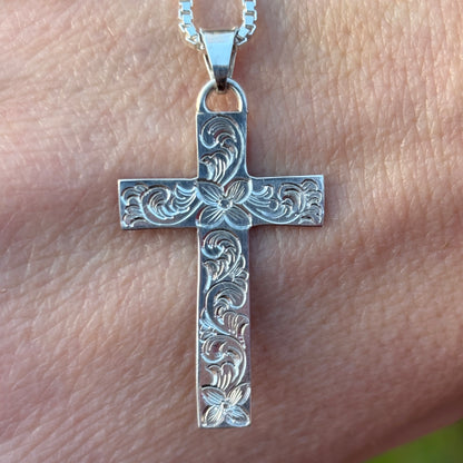 Silver cross pendant with hand engraving