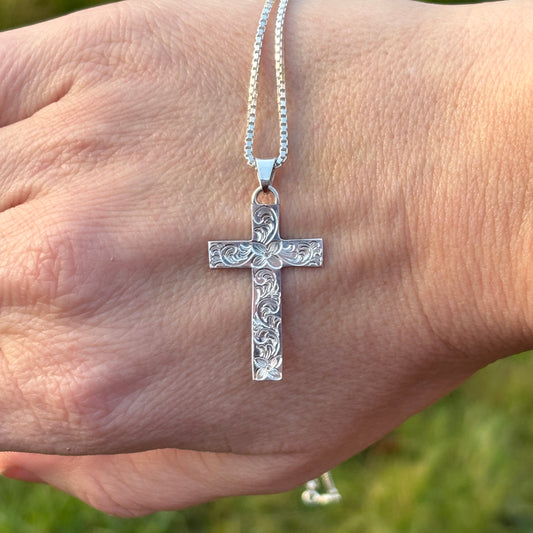 Silver cross pendant with hand engraving