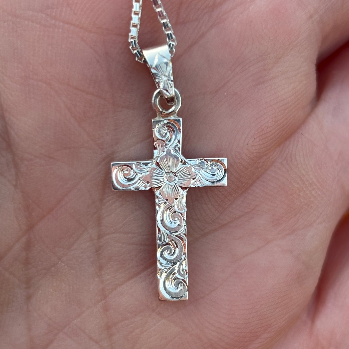 Small silver cross  pendant with hand engraving
