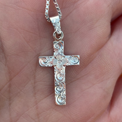 Small silver cross  pendant with hand engraving